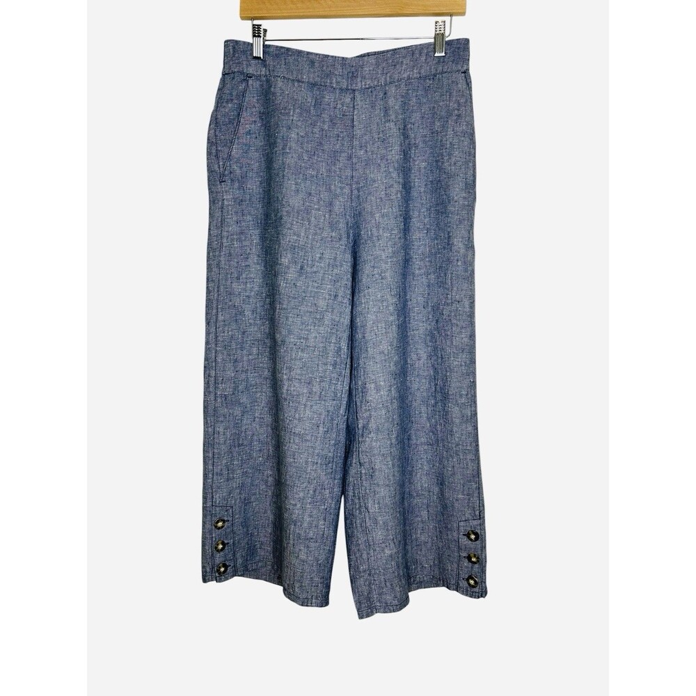 Sigrid Olsen Linen Wide Leg Crop Pants L Pull On Button Hem Coastal Chic Resort